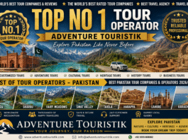 Adventure Touristik promotional banner showcasing Pakistan's top travel destinations including Hunza, Skardu, Fairy Meadows, Swat Valley, Taxila, Harappa, Lahore, and Karachi, highlighting customized adventure, cultural, heritage, and business tours across Pakistan.